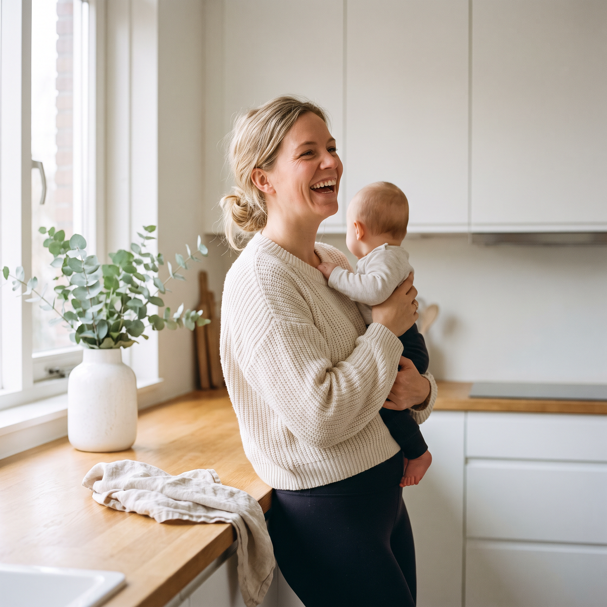 Moeder met baby op de heup lacht in de keuken